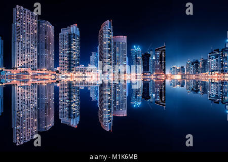 Dubai marina reflection by night