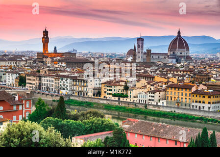 Florence, Tuscany - Night scenery with Duomo Santa Maria del Fiori and Palazzo Vecchio, Renaissance architecture in Italy.