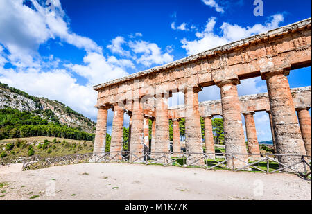 Segesta, Italy. Ancient greek temple of Saegesta, doric architecture in Sicily, Graecia Magna.