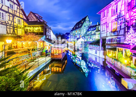 Colmar, Alsace, France. Gingerbread houses add Christmas decoration of local craftsmen, famous in Europe. Stock Photo