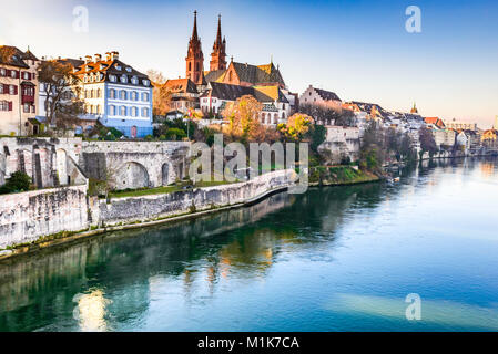 Basel, Switzerland. Rhine River and Munster Cathedral, Swiss Confederation medieval city. Stock Photo