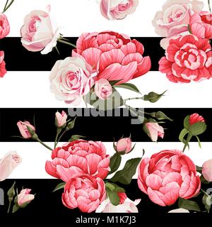 Peony And Roses Vector Seamless Pattern Black and White Stripes Flowered Texture Background Stock Vector