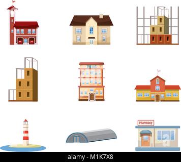 Buildings icon set, cartoon style Stock Vector