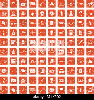 100 crime investigation icons set grunge orange Stock Vector