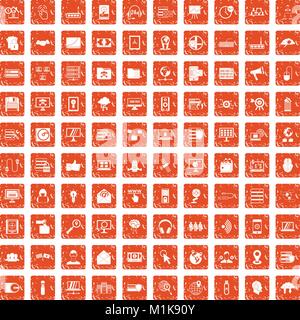 100 cyber security icons set grunge orange Stock Vector