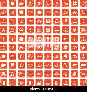 100 different professions icons set grunge orange Stock Vector