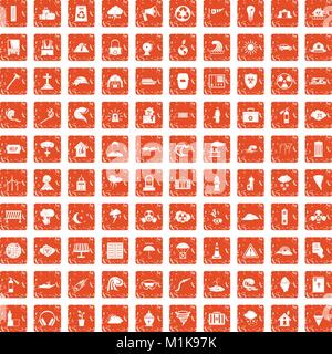 100 disaster icons set grunge orange Stock Vector