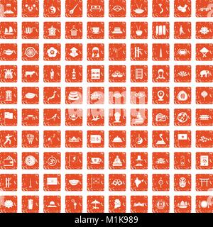 100 dish icons set grunge orange Stock Vector