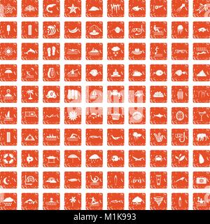 100 diving icons set grunge orange Stock Vector