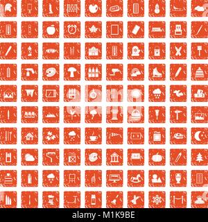 100 drawing icons set grunge orange Stock Vector
