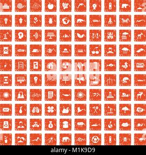 100 eco care icons set grunge orange Stock Vector