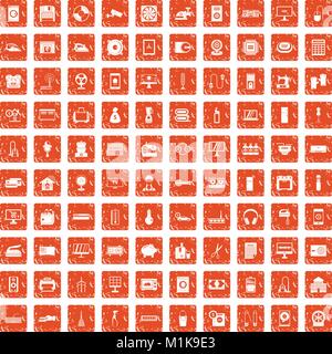 100 appliances icons set grunge orange Stock Vector