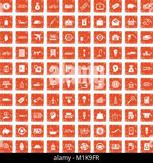 100 economy icons set grunge orange Stock Vector