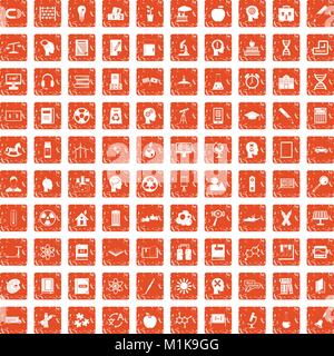 100 education icons set grunge orange Stock Vector