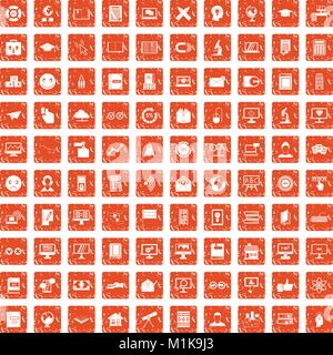 100 e-learning icons set grunge orange Stock Vector