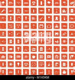 100 electricity icons set grunge orange Stock Vector