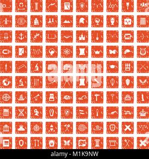 100 archeology icons set grunge orange Stock Vector