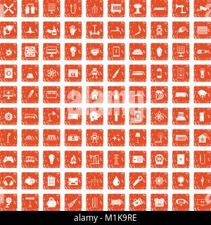 100 energy icons set grunge orange Stock Vector
