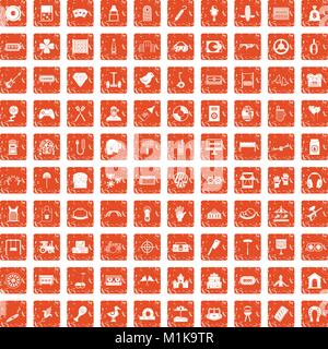 100 entertainment icons set grunge orange Stock Vector