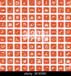 100 equipment icons set grunge orange Stock Vector