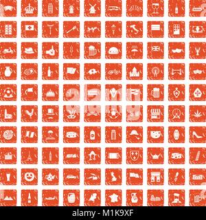 100 europe countries icons set grunge orange Stock Vector