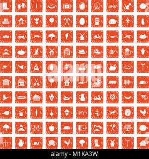 100 farm icons set grunge orange Stock Vector
