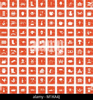 100 farm icons set grunge orange Stock Vector