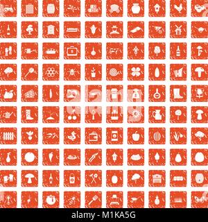 100 farming icons set grunge orange Stock Vector