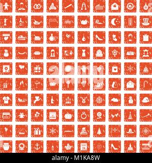 100 festive day icons set grunge orange Stock Vector