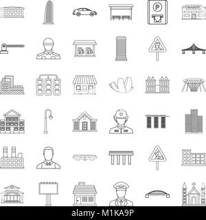 Large city icons set, outline style Stock Vector