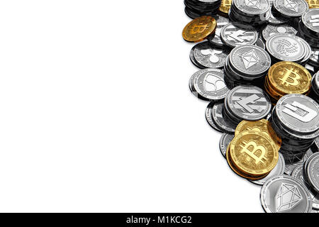 Stack and piles of Bitcoin and other different cryptocurrencies isolated on white background with copy space on the left side. 3D rendering Stock Photo