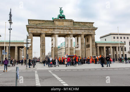 Macedonians living in Berlin staging a peaceful protest to demonstrate disapproval of Macedonian government policies and calling for nation unity Stock Photo