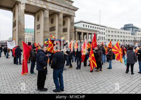 Macedonians living in Berlin staging a peaceful protest to demonstrate disapproval of Macedonian government policies and calling for nation unity Stock Photo