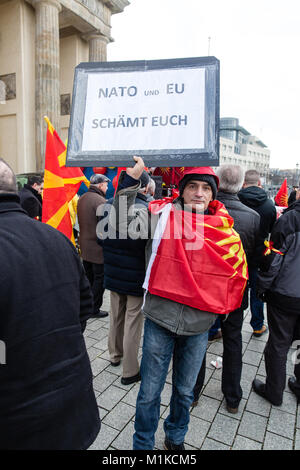 Macedonians living in Berlin staging a peaceful protest to demonstrate disapproval of Macedonian government policies and calling for nation unity Stock Photo