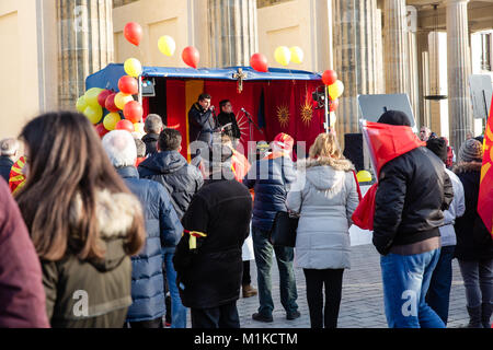 Macedonians living in Berlin staging a peaceful protest to demonstrate disapproval of Macedonian government policies and calling for nation unity Stock Photo