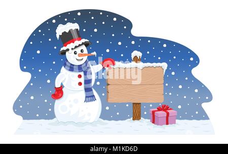 Snowman and Signboard. Hand drawn vector illustration. Stock Vector
