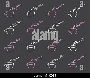 Coffee Menu on Chalkboard. Sixteen different coffee text types did converted to outlines and don’t need any font. Stock Vector