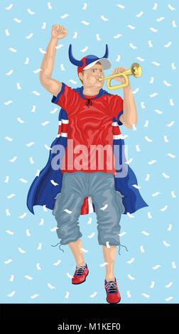 Iceland Soccer Fan with Bugle. Icelander supporter, confetti papers and background are in different layers. Stock Vector