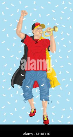 Germany Soccer Fan with Bugle. German supporter, confetti papers and background are in different layers. Stock Vector