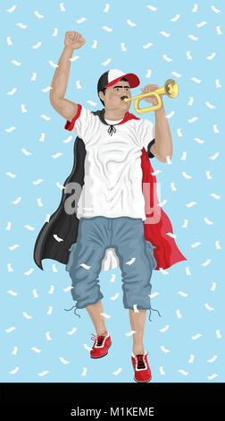 Egypt Soccer Fan with Bugle. Egyptian supporter, confetti papers and background are in different layers. Stock Vector