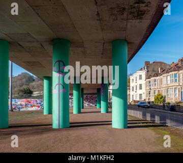 Painted bridge supports under the Cumberland Basin road system linking the A4 with the city ring road in Hotwells Bristol UK Stock Photo