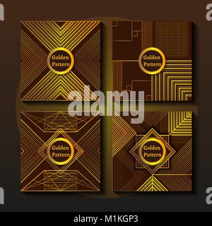 Black and golden label or frame set. Art deco style invitation. Gold line elegant geometric branding. High class banner. Luxury vector pattern. Identity trendy linear style product package template Stock Vector