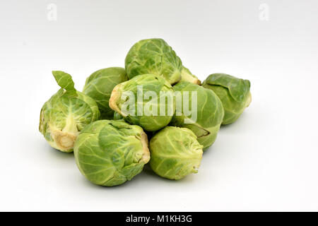 Delicious green Brussel sprouts arranged on a seamless white background. Stock Photo