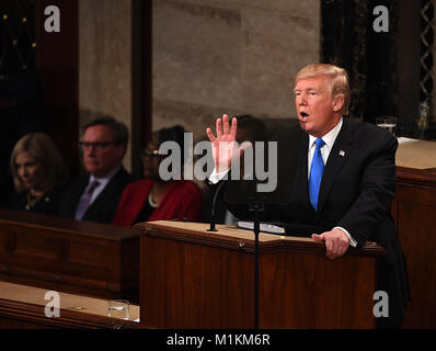 Washington, USA. 30th Jan, 2018. U.S. President Donald Trump delivers his State of the Union address to a joint session of Congress on Capitol Hill in Washington, DC, the United States, Jan. 30, 2018. Credit: Yin Bogu/Xinhua/Alamy Live News Stock Photo