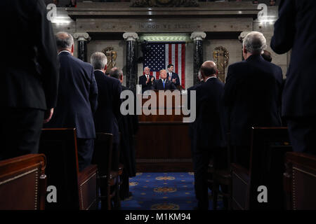 Washington, DC, USA. 30th Jan, 2018. U.S. President Donald J. Trump delivers the State of the Union address in the chamber of the U.S. House of Representatives January 30, 2018 in Washington, DC. This is the first State of the Union address given by U.S. President Donald Trump and his second joint-session address to Congress. Credit: Win Mc Namee/Pool Via Cnp/Media Punch/Alamy Live News Stock Photo