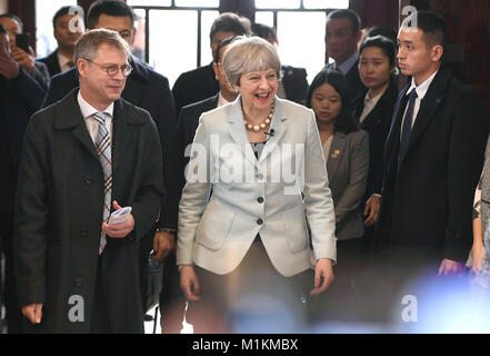 Wuhan, China's Hubei Province. 31st Jan, 2018. British Prime Minister Theresa May visits the Wuhan University in Wuhan, central China's Hubei Province, Jan. 31, 2018. Credit: Xiao Yijiu/Xinhua/Alamy Live News Stock Photo