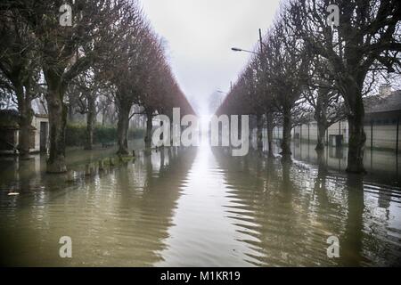 Sandrine Huet / Le Pictorium -  The Seine river flood, January 2018 -  27/01/2018  -  France / Ile-de-France (region) / Soisy Sur Seine  -  Village of Soisy sur Seine, Essonne. The river water rose from January 25th to 29th 2018. Many houses had to be evacuated due to the flooding.The River Seine reached its highest point at the station of Corbeil Essonne in the night of Sunday 28th and Monday 29th January 2018, with a crest of 4.56m, a little lower than the last flood in June 2016 Stock Photo