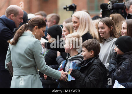 Stockholm, Sweden, 31th January, 2018. The Duke and Duchess of Cambridge's Tour of Sweden 30th-31th January,2018. Her at Mattesusskolan - Matteus School./Alamy Live News Stock Photo