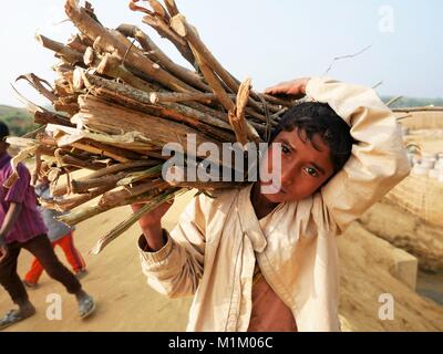 January 16, 2018 - Cox'S Bazar, Bangladesh - A Rohingya child seen carrying firewood back to his tent.Even Pope Francis was not allowed to say a word ''Rohingya'' in Myanmar. More than one million Rohingya refugees who were forced to fled from Rakhine state in Myanmar in August 2017 to save their lives from ethnic cleansing are living in very basic conditions in the refugee camps in Bangladesh and their future is very uncertain. They are afraid to return home - but repatriation treaty was already signed to return them to their homeland where they are not welcomed. (Credit Image: © Jana Cavojs Stock Photo