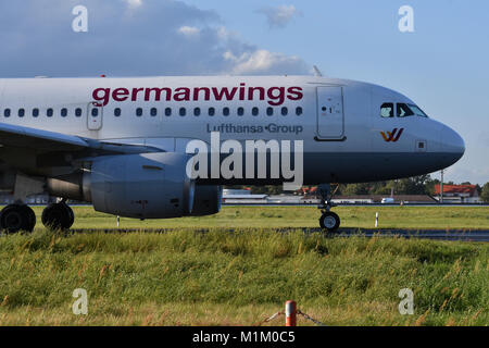 Berlin, Germany. 13th Sep, 2017. An aircraft of the airline 'germanwings' taxis to the runway at Tegel Airport in Berlin, Germany, 13 September 2017. Credit: Paul Zinken/dpa/Alamy Live News Stock Photo